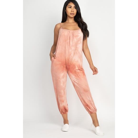 Tie-dye spaghetti strap jumpsuit (Mauve)-Large - Picture 1 of 2